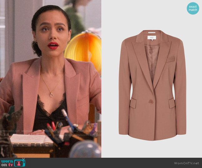 Reiss Harper Jacket in Dusky Pink worn by Maya (Nathalie Emmanuel) on Four Weddings and a Funeral