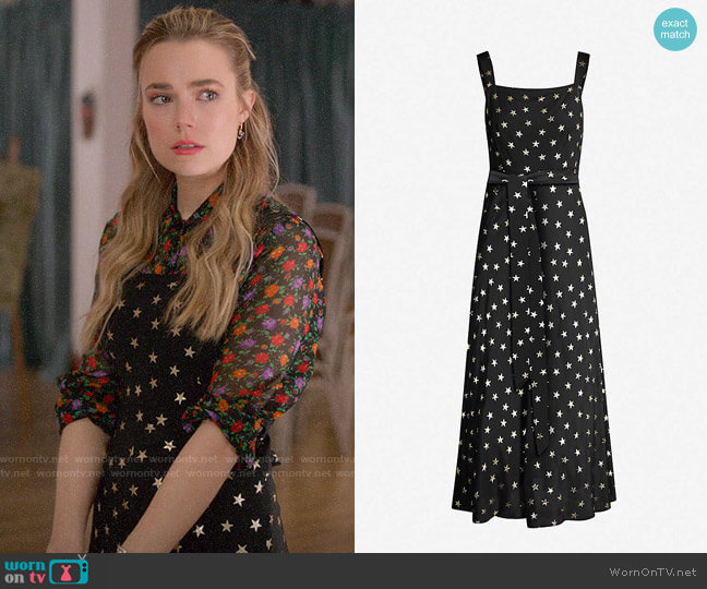 Rixo London Tara star-print silk crepe-de-chine midi dress worn by Ainsley Howard (Rebecca Rittenhouse) on Four Weddings and a Funeral