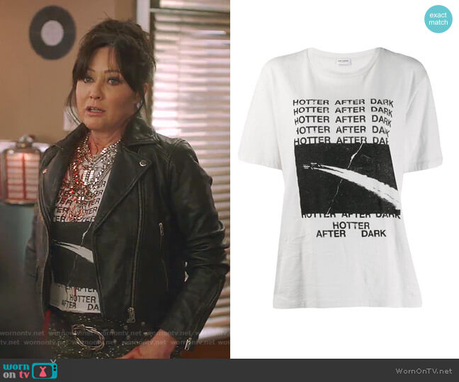 Saint Laurent Slogan Print T-shirt worn by Shannen Doherty (Shannen Doherty) on BH90210