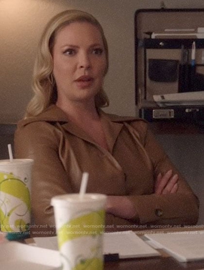 Samantha’s tan leather shirt on Suits