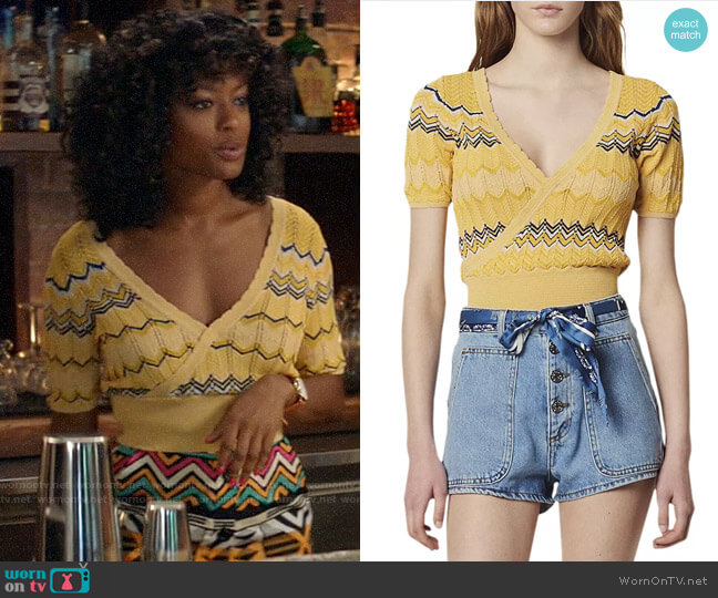 Sandro Salomon Crossover Geo-Pattern Knit Cropped Top worn by Ali Finer (Javicia Leslie) on God Friended Me