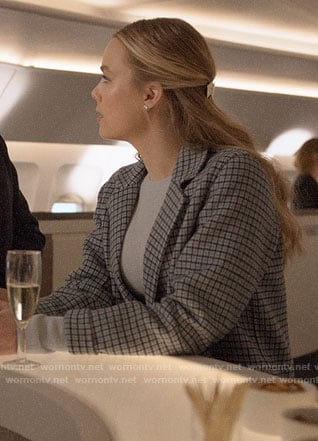 Ainsley’s blue checked coat on Four Weddings and a Funeral