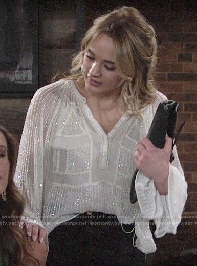 Summer’s white bead embellished blouse on The Young and the Restless
