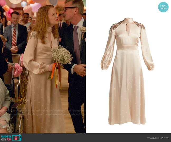 Temperley London Parachute sequinned satin dress worn by Gemma (Zoe Boyle) on Four Weddings and a Funeral