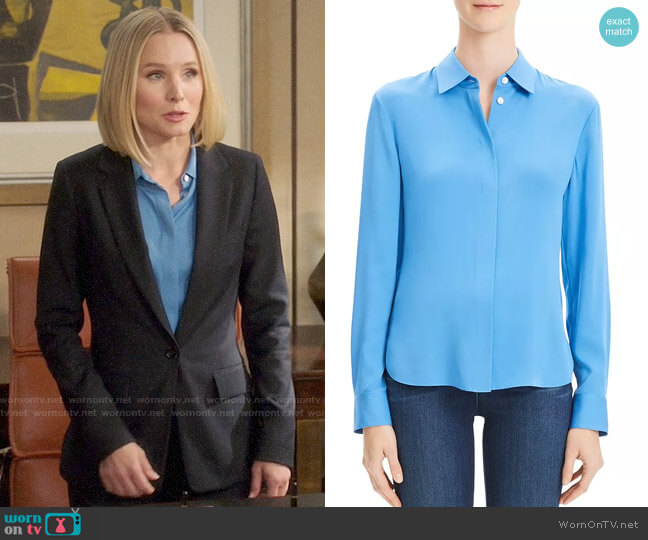 Theory Classic Fitted Shirt in Light Lapis worn by Eleanor Shellstrop (Kristen Bell) on The Good Place