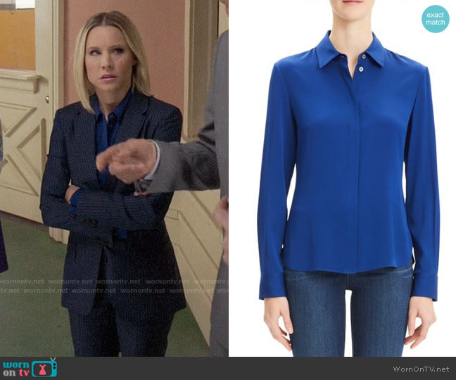 Theory Classic Fitted Shirt in Navy Sapphire worn by Eleanor Shellstrop (Kristen Bell) on The Good Place