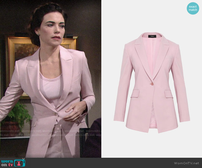 Theory Etiennette B Blazer in Baby Pink worn by Victoria Newman (Amelia Heinle) on The Young and the Restless