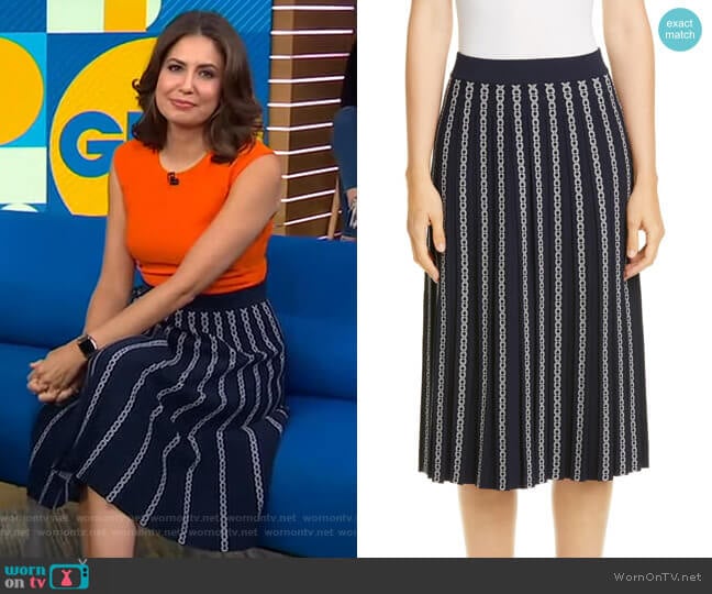 Tory Burch Gemini Link Jacquard Pleated Skirt worn by Cecilia Vega on Good Morning America