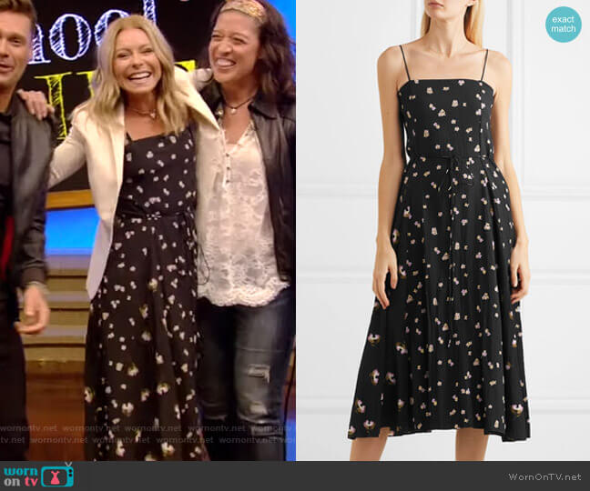 Vince Floral-Print Crinkled-Crepe Midi Dress worn by Kelly Ripa on Live with Kelly and Mark