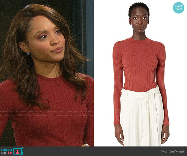 Vince Mixed Rib Long Sleeve Sweater in Redwood worn by Lani Price (Sal Stowers) on Days of our Lives