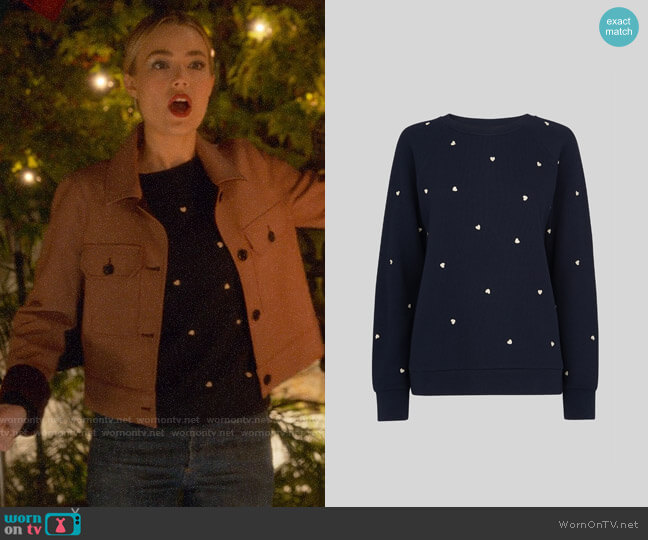 Whistles Heart Embroidered Sweatshirt worn by Ainsley Howard (Rebecca Rittenhouse) on Four Weddings and a Funeral