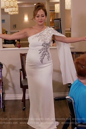 Carrie’s white one shoulder embellished dress on The Talk