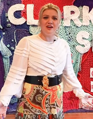 Kelly’s white lace blouse and skirt on The Kelly Clarkson Show