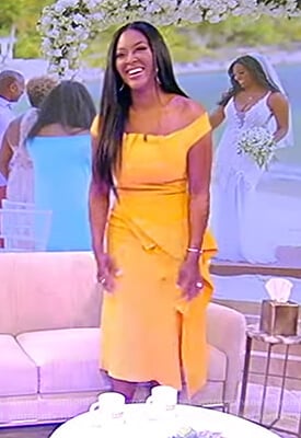 Kenya Moore’s yellow ruffle dress on the Tamron Hall Show