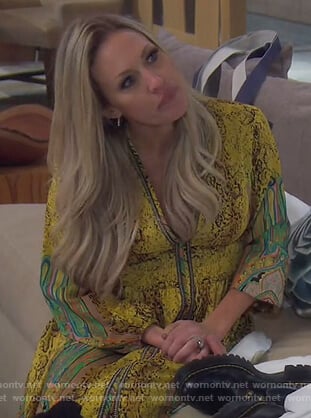 Braunwyn’s yellow printed maxi dress on The Real Housewives of Orange County