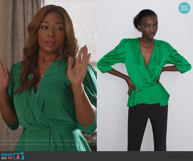 Zara Sateen Wrap Blouse worn by Poppy (Kimrie Lewis) on Single Parents