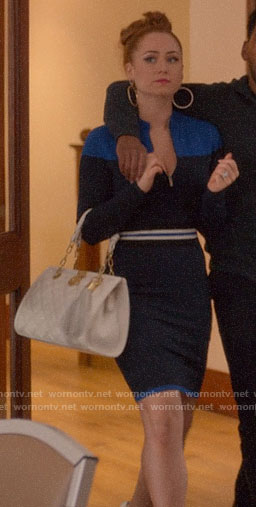 Zara’s blue zip neck dress on Four Weddings and a Funeral