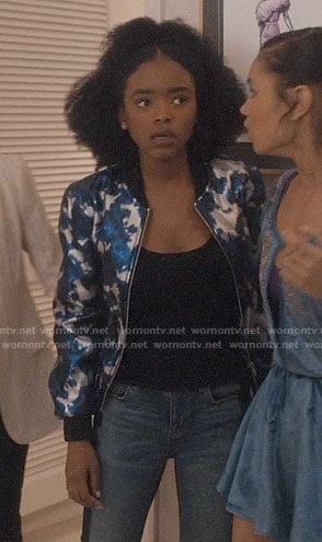 Zora’s bleu and white printed bomber jacket on Greenleaf