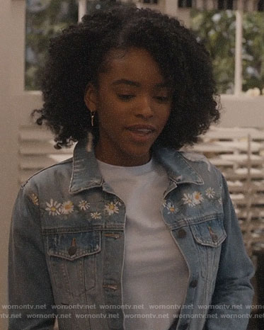 Zora’s daisy print denim jacket on Greenleaf