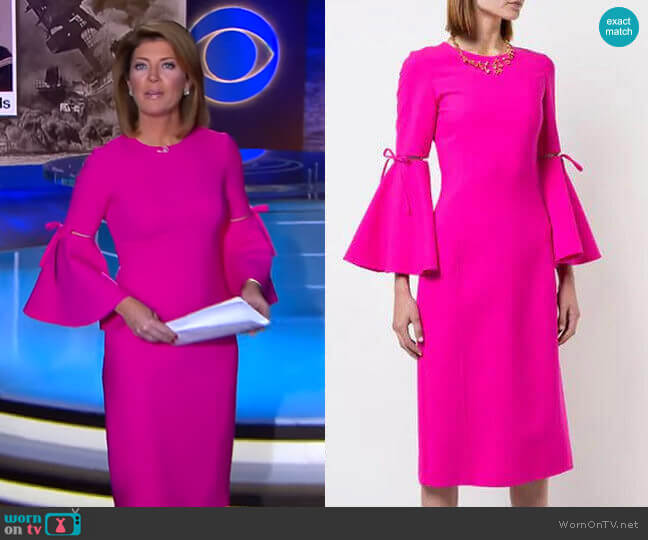 Oscar de la Renta 3/4 Flutter Sleeved Pencil Dress worn by Norah O'Donnell on CBS Evening News