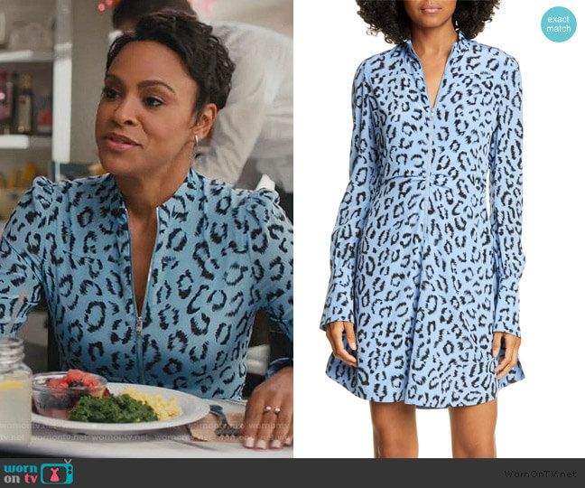 A.L.C. Marcella Zip-Front Leopard Short Dress worn by Angela (Carly Hughes
) on American Housewife