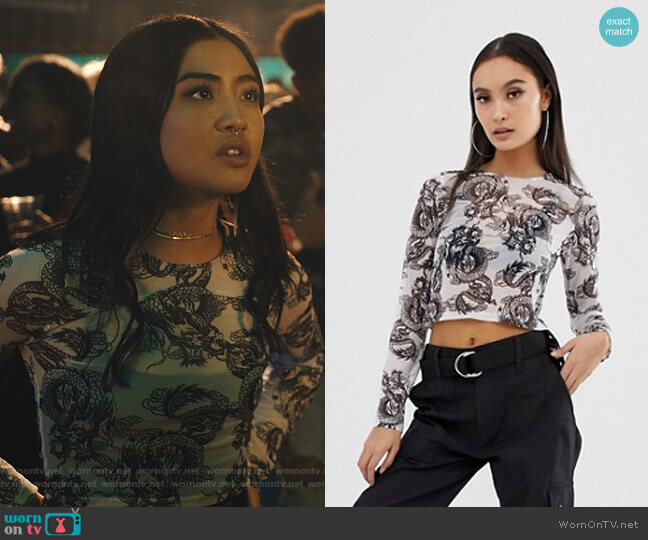 Asos Long Sleeve Mesh Top in Dragon Print worn by Alex Portnoy (Brianne Tju) on Light as a Feather