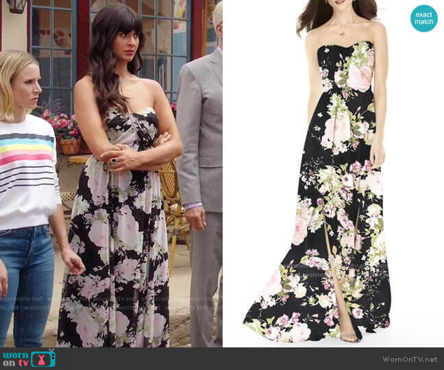 After Six Strapless Front Slit Gown worn by Tahani Al-Jamil (Jameela Jamil) on The Good Place