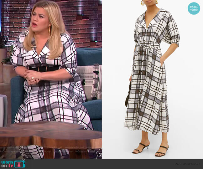 Aje Theodora checked linen-blend shirtdress worn by Kelly Clarkson on The Kelly Clarkson Show