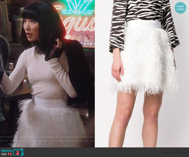 Alice + Olivia Feather Skirt worn by Mei Lin (Poppy Liu) on Sunnyside