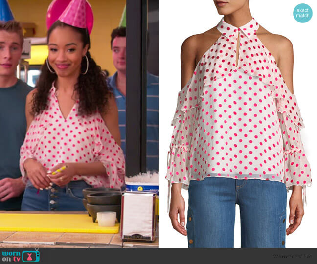 Alice + Olivia Blayne Cold Shoulder Ruffle Blouse worn by Magnolia Barnard (Erinn Westbrook) on Insatiable