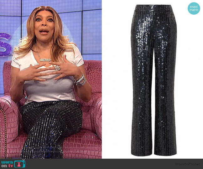 Alice + Olivia Midnight Blue Sequined Satin Wide Leg Pants worn by Wendy Williams on The Wendy Williams Show
