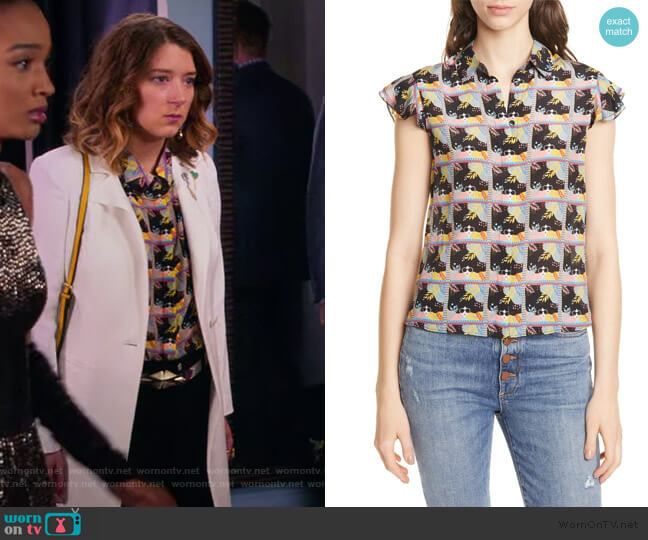 Alice + Olivia Willa Flutter Sleeve Silk Top worn by Nonnie Thompson (Kimmy Shields) on Insatiable