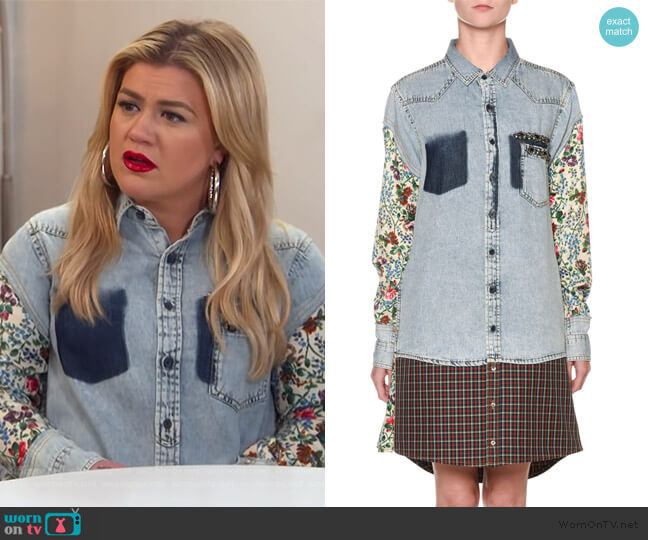 Antonio Marras Floral-Sleeve Denim Shirtdress worn by Kelly Clarkson on The Kelly Clarkson Show