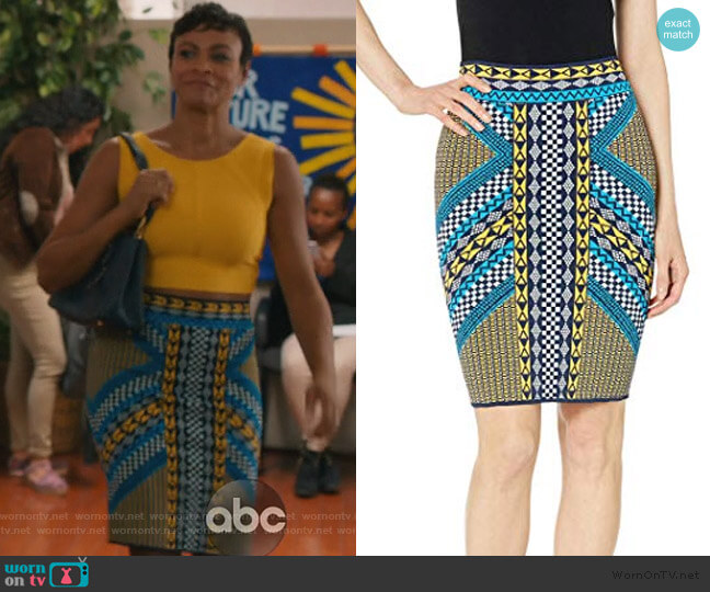 BCBGMAXAZRIA Mixed Geo Motif Pencil Skirt worn by Angela (Carly Hughes
) on American Housewife
