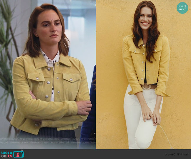 Anthropologie Cropped Suede Trucker Jacket worn by Angie (Leighton Meester) on Single Parents