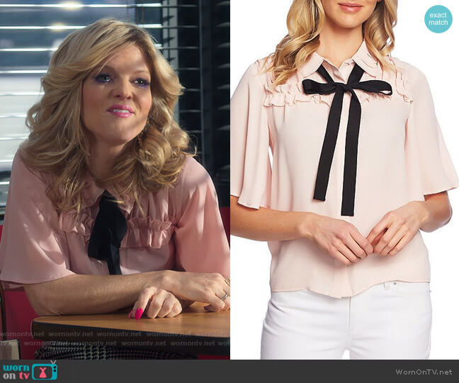 Cece Short Sleeve Collared Ruffle Tie Neck Blouse