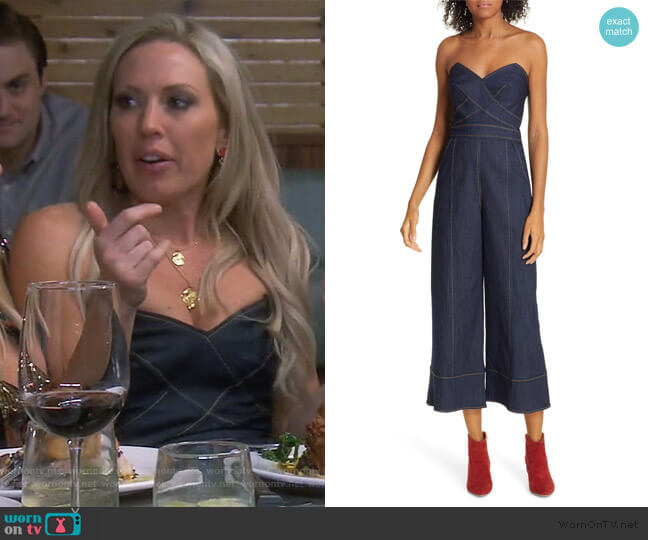 Cinq a Sept Zelda Strapless Denim Jumpsuit worn by Braunwyn Windham-Burke on The Real Housewives of Orange County