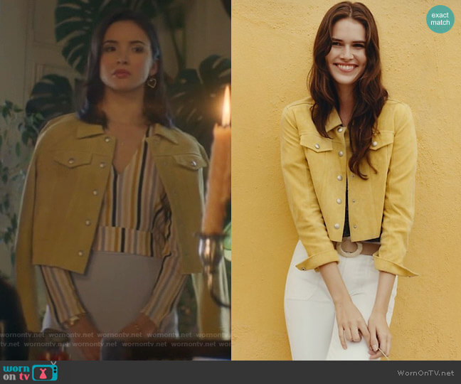 Anthropologie Cropped Suede Trucker Jacket worn by Bess (Maddison Jaizani) on Nancy Drew