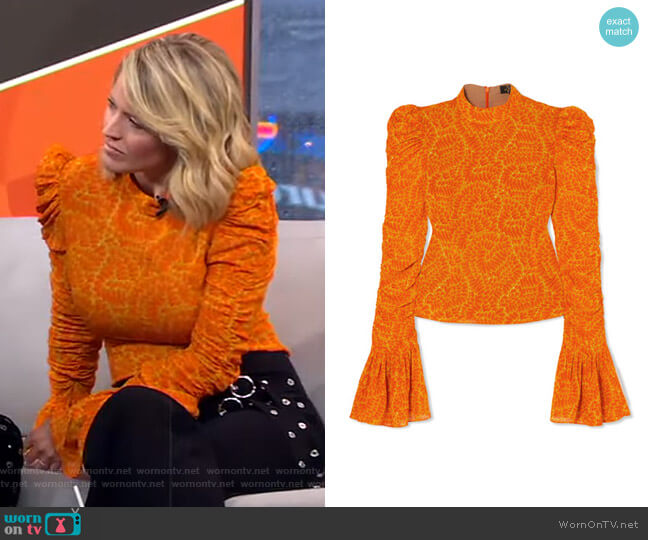 De La Vali Puma Ruched Printed Georgette Top worn by Sara Haines on Good Morning America