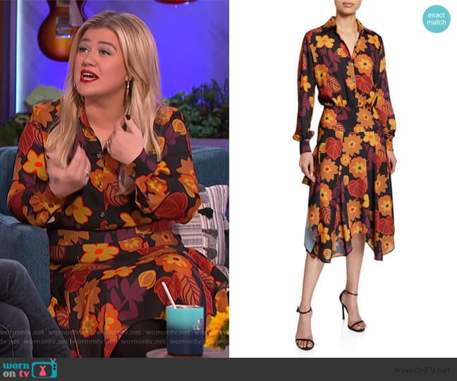 Dodo Bar Or Natasha Asymmetrical Floral-Print Shirt Dress worn by Kelly Clarkson on The Kelly Clarkson Show