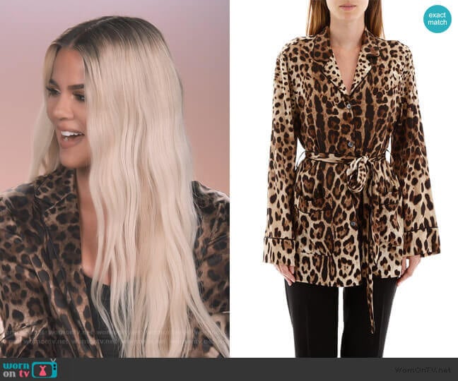 Dolce & Gabbana Leopard-Print Satin Pajama Shirt worn by Khloe Kardashian on Keeping Up with the Kardashians