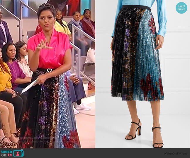 Dries Van Noten Pleated sequined floral-print tulle midi skirt worn by Tamron Hall on Tamron Hall Show