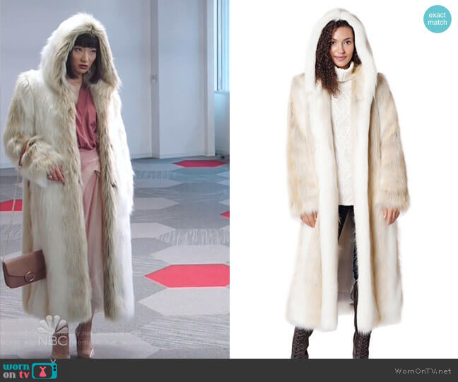 Fabulous Furs Hooded Full Length Faux Fur Coat worn by Mei Lin (Poppy Liu) on Sunnyside