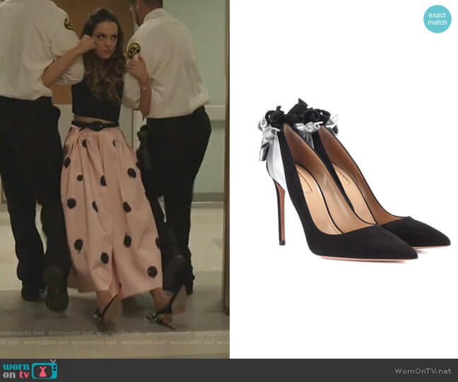 Aquazzura Fire Embellished Suede pumps worn by Fallon Carrington (Elizabeth Gillies) on Dynasty