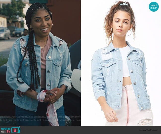 Forever 21 Distressed Denim Jacket worn by Peri (Adriyan Rae) on Light as a Feather