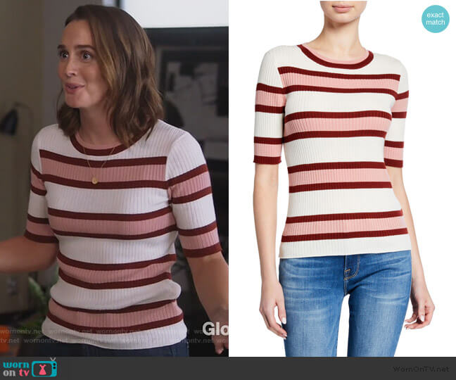 Frame Panel Stripe Short-Sleeve Wool-Blend Sweater worn by Angie (Leighton Meester) on Single Parents