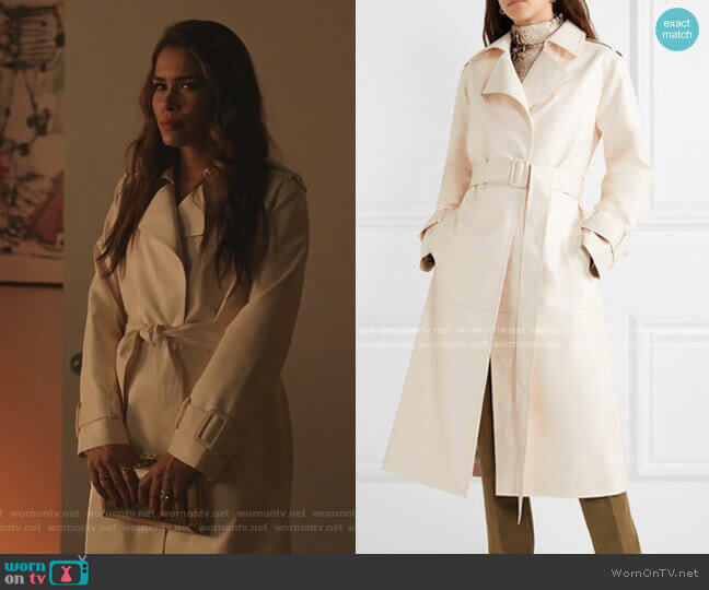Frankie Shop Eve Faux Leather Trench Coat worn by Cristal Jennings (Daniella Alonso) on Dynasty