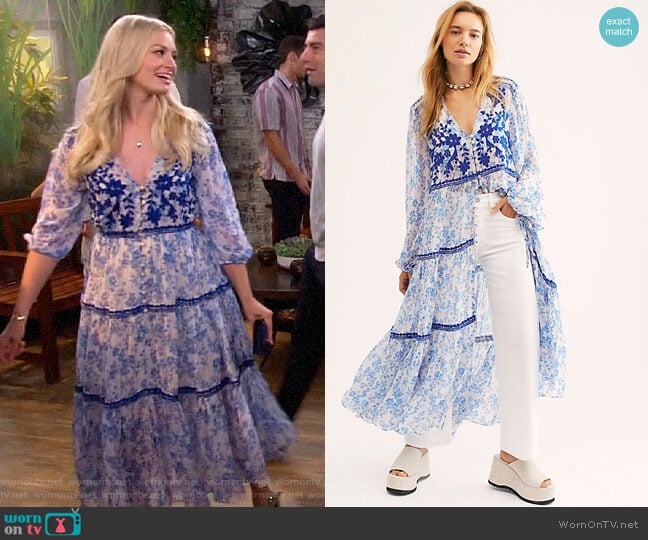 Free People Call On Me Embroidered Maxi Top worn by Gemma (Beth Behrs) on The Neighborhood