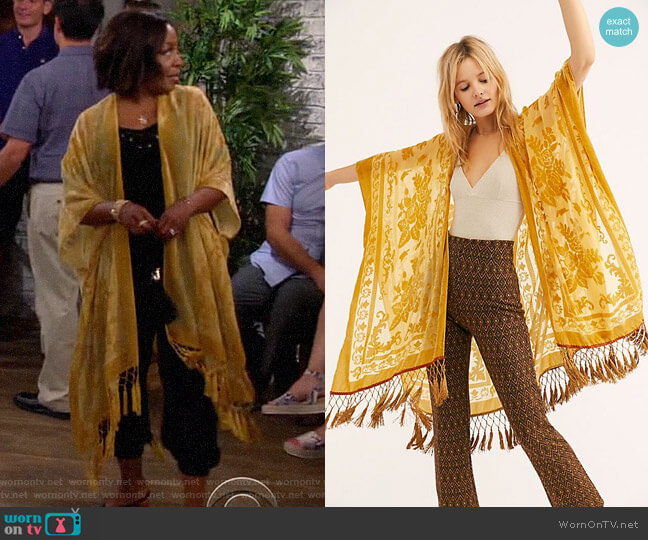 Free People Nightbird Burnout Kimono in Gold Combo worn by Tina Butler (Tichina Arnold) on The Neighborhood
