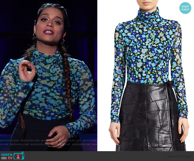 Ganni Mesh Floral Turtleneck Top worn by Lilly Singh on A Little Late with Lilly Singh